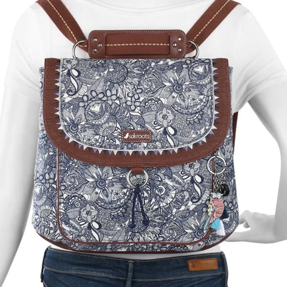 Floral Blue and Brown Backpack with matching wallet